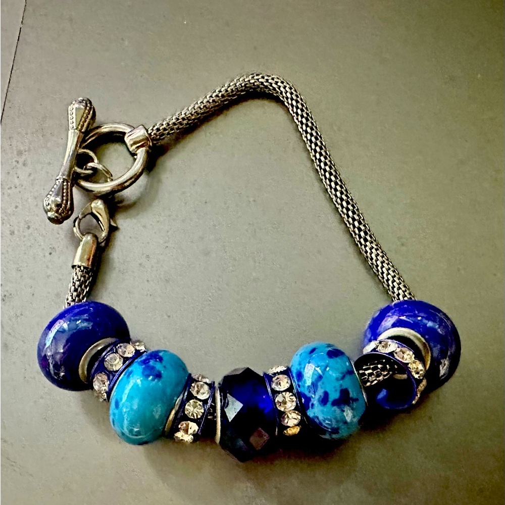 Pandora Blue Beaded Charm Silver Toggle Bracelet